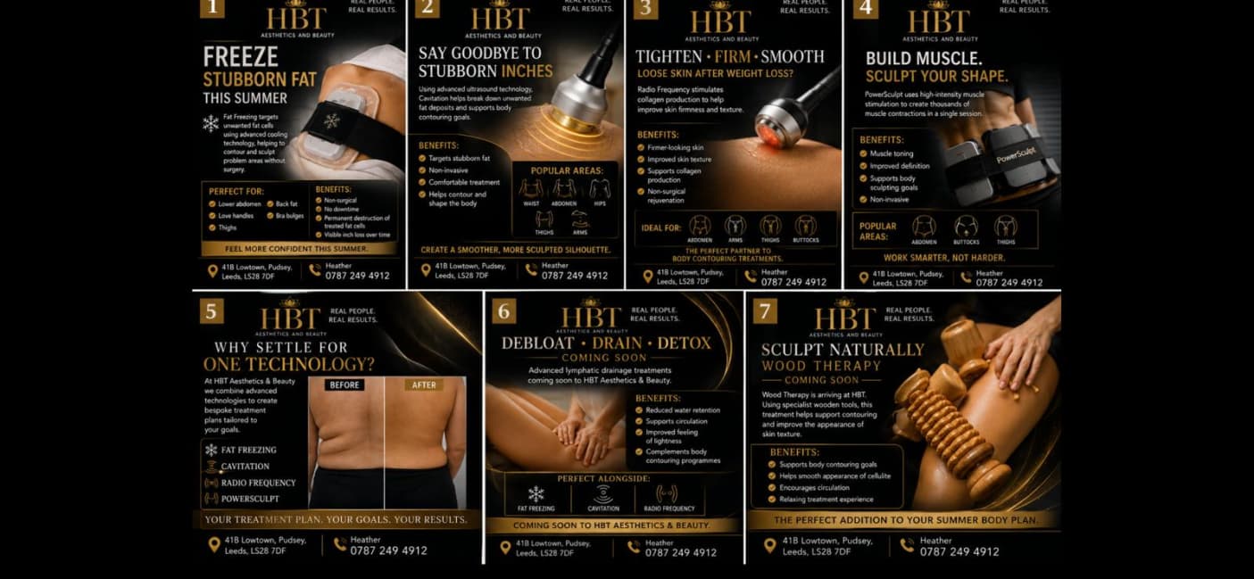 All body contouring treatments — fat freezing, cavitation, radio frequency, PowerSculpt, shockwave, lymphatic drainage at HBT Aesthetics